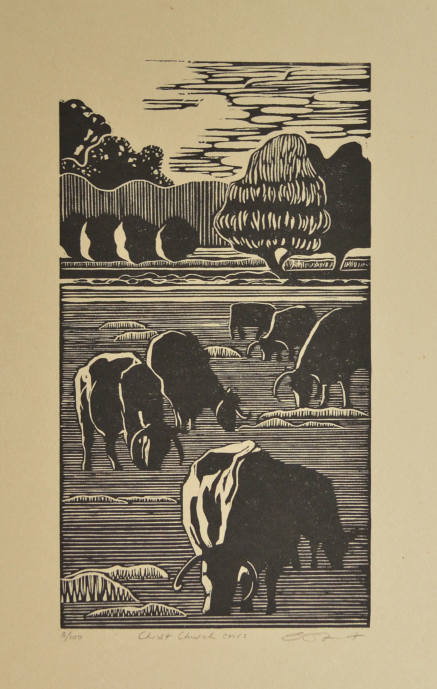 Christ Church Cows linocut print