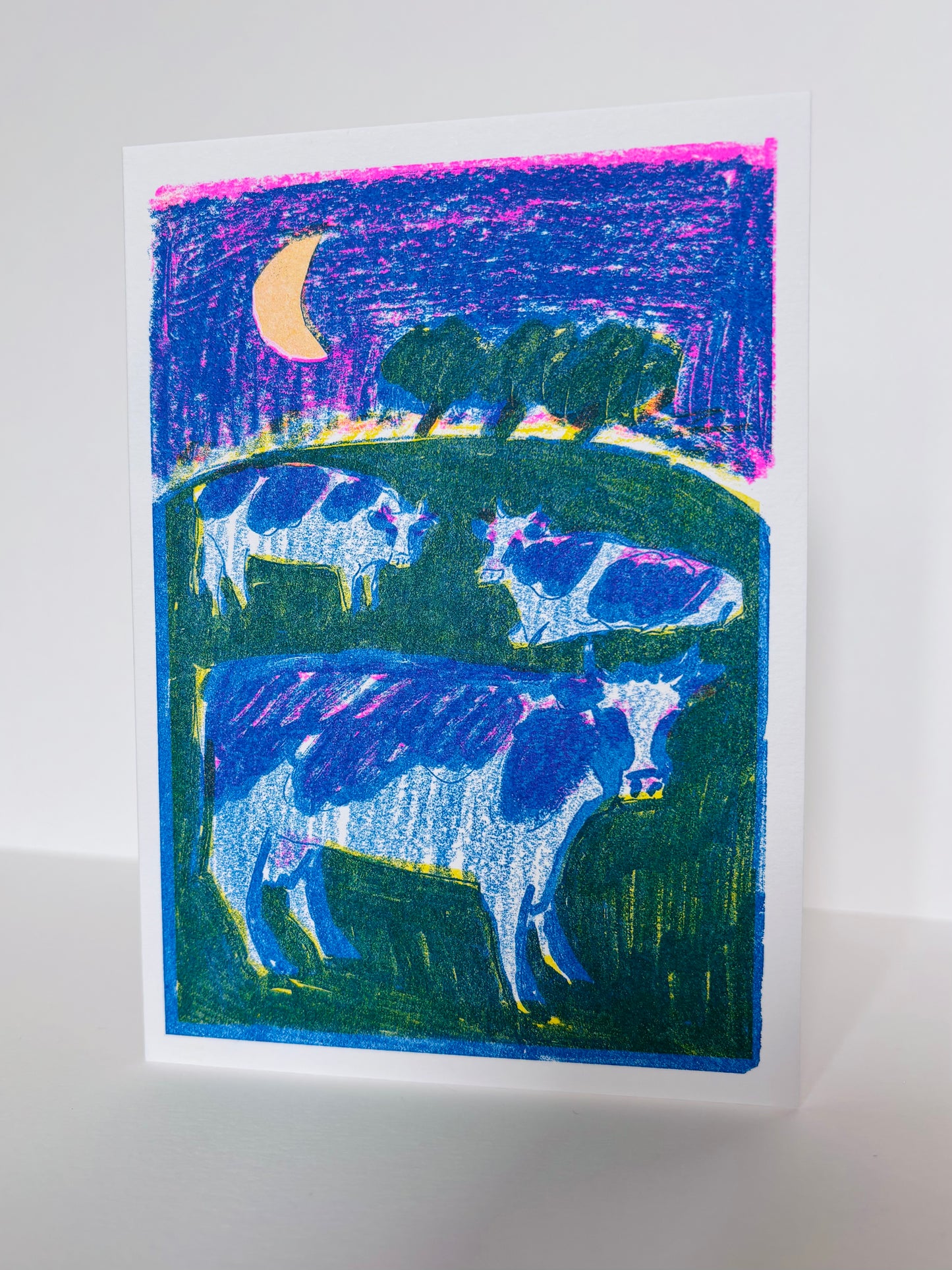 'Cows in a Field at Night' greetings card