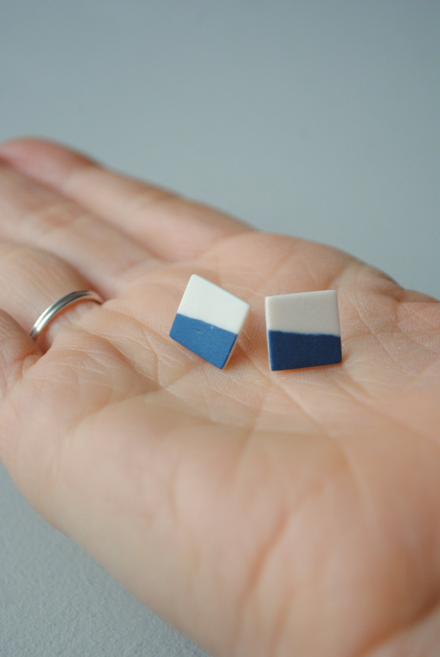 Midnight blue and white square stud earrings