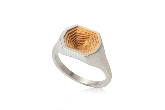 Octagon signet ring in gold and silver