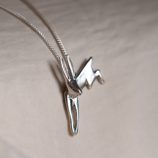 Silver leaping hare necklace